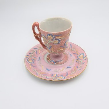Vintage Pink Tall Footed Demitasse Confetti Hand Painted Teacup and Saucer Set