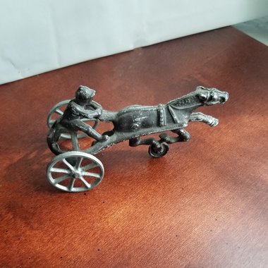 Antique Aluminum Metal Horse Racing Jockey and Sulky Rolling Push Toy, Original paint