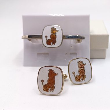 Vintage Retro Gold Tone and White Enamel Poodle Cufflinks and Matching Pin Bar Set