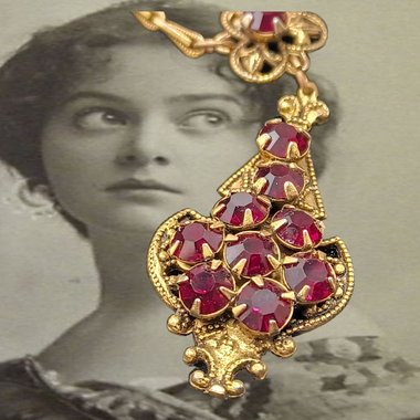 Gold Tone Plated Deep Red Stones Long Lavalier Ladies Necklace