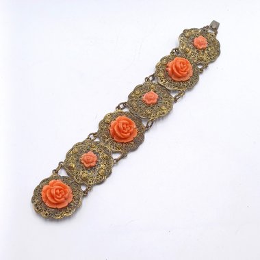 Vintage Gold Tone Panel Bracelet with Orange Celluloid Roses