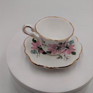 Grosvenor Miniature Demitasse Pink Floral Rose and Forget Me Not, Bone China Teacup and Saucer Set