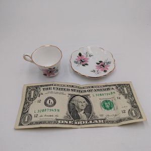 Grosvenor Miniature Demitasse Pink Floral Rose and Forget Me Not, Bone China Teacup and Saucer Set