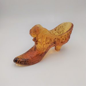 Vintage Amber Alligator Vamp Art Glass Cat Pressed Glass Shoe Slipper, Collectible Glass