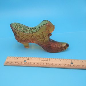 Vintage Amber Alligator Vamp Art Glass Cat Pressed Glass Shoe Slipper, Collectible Glass