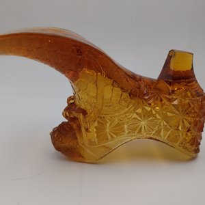 Vintage Amber Alligator Vamp Art Glass Cat Pressed Glass Shoe Slipper, Collectible Glass
