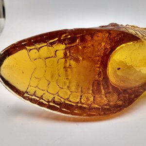 Vintage Amber Alligator Vamp Art Glass Cat Pressed Glass Shoe Slipper, Collectible Glass