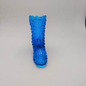Large Blue Glass Shoe Boot, Daisy Buttons Pattern, Collectable Art Glass Shoe
