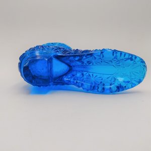 Large Blue Glass Shoe Boot, Daisy Buttons Pattern, Collectable Art Glass Shoe