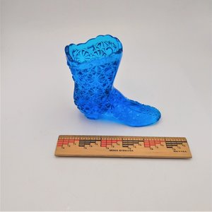 Large Blue Glass Shoe Boot, Daisy Buttons Pattern, Collectable Art Glass Shoe