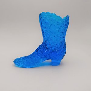 Large Blue Glass Shoe Boot, Daisy Buttons Pattern, Collectable Art Glass Shoe