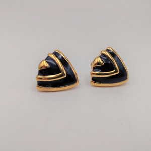 Smart Vintage Gold Tone and Navy Blue Enamel Statement Herringbone Chain Necklace and Earrings Set, Avon