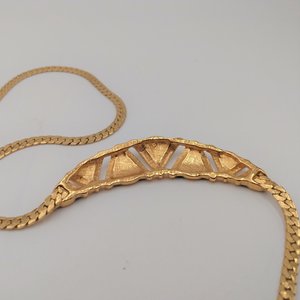 Smart Vintage Gold Tone and Navy Blue Enamel Statement Herringbone Chain Necklace and Earrings Set, Avon