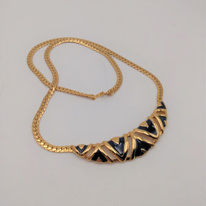 Smart Vintage Gold Tone and Navy Blue Enamel Statement Herringbone Chain Necklace and Earrings Set, Avon