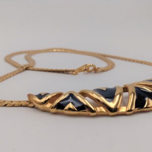 Smart Vintage Gold Tone and Navy Blue Enamel Statement Herringbone Chain Necklace and Earrings Set, Avon