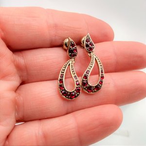 MONET Gold Tone Red Rhinestone Paisley Dangle Earrings with Original pushbacks