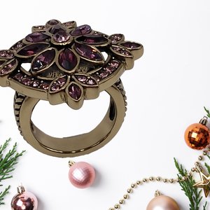 Designer Heidi Daus Bronze Table Top Amethyst Crystals and Small Pink Rhinestones Cocktail Statement Ring Size 6.25
