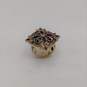 Designer Heidi Daus Bronze Table Top Amethyst Crystals and Small Pink Rhinestones Cocktail Statement Ring Size 6.25