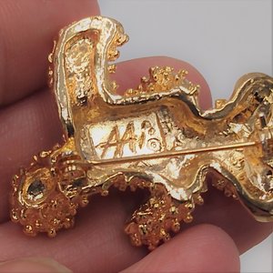 Sweet Vintage Gold Tone Teddy Bear with Rhinestone Eyes Brooch, Signed AAi