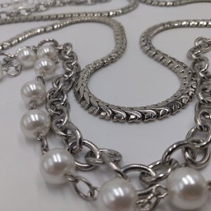 Silver Tone Chain and Faux Pearls Layered Statement Necklace, High Quality Vintage Heavy
