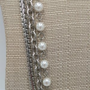 Silver Tone Chain and Faux Pearls Layered Statement Necklace, High Quality Vintage Heavy