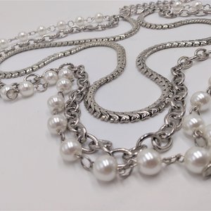 Silver Tone Chain and Faux Pearls Layered Statement Necklace, High Quality Vintage Heavy