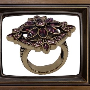 Designer Heidi Daus Bronze Table Top Amethyst Crystals and Small Pink Rhinestones Cocktail Statement Ring Size 6.25