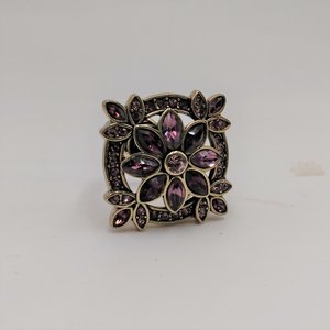 Designer Heidi Daus Bronze Table Top Amethyst Crystals and Small Pink Rhinestones Cocktail Statement Ring Size 6.25
