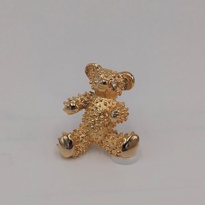 Sweet Vintage Gold Tone Teddy Bear with Rhinestone Eyes Brooch, Signed AAi