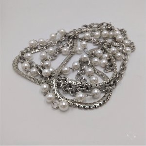 Silver Tone Chain and Faux Pearls Layered Statement Necklace, High Quality Vintage Heavy