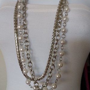 Silver Tone Chain and Faux Pearls Layered Statement Necklace, High Quality Vintage Heavy