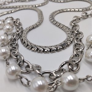 Silver Tone Chain and Faux Pearls Layered Statement Necklace, High Quality Vintage Heavy