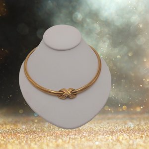 AVON Omega Gold Tone Collar Necklace with Infinity Criss Cross Rhinestone Pendant, 1990's