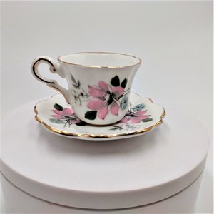 Grosvenor Miniature Demitasse Pink Floral Rose and Forget Me Not, Bone China Teacup and Saucer Set