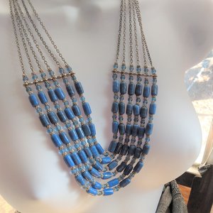 Silver Tone Multi- Strand Periwinkle Blue Barrel Beaded Bib Statement Necklace, Vintage