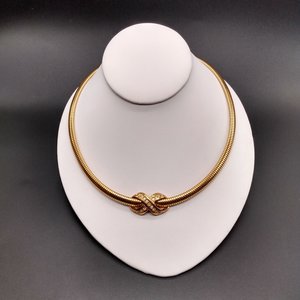 AVON Omega Gold Tone Collar Necklace with Infinity Criss Cross Rhinestone Pendant, 1990's