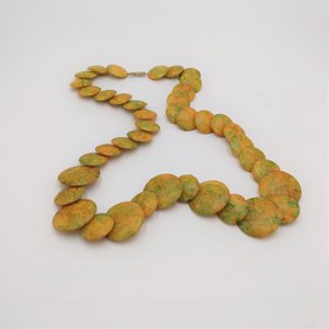 Bakelite Golden Yellow with Green and Orange Swirls Overlapping Disks Beaded Necklace