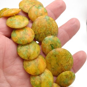 Bakelite Golden Yellow with Green and Orange Swirls Overlapping Disks Beaded Necklace