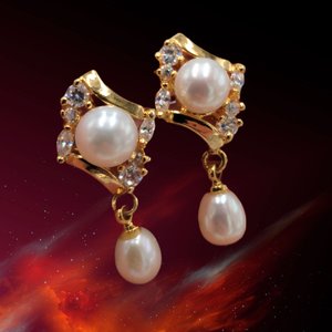 Vintage Gold Tone, Cubic Zirconia and Faux Pearls  Earrings