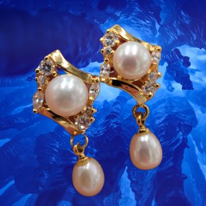 Vintage Gold Tone, Cubic Zirconia and Faux Pearls  Earrings