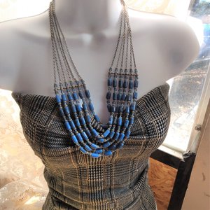 Silver Tone Multi- Strand Periwinkle Blue Barrel Beaded Bib Statement Necklace, Vintage