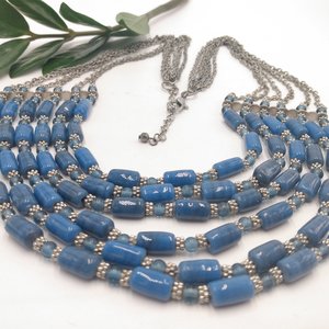 Silver Tone Multi- Strand Periwinkle Blue Barrel Beaded Bib Statement Necklace, Vintage