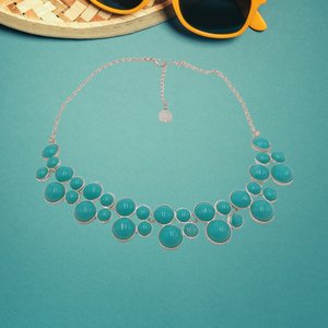 Liz Claiborne Silver Tone Teal Green Round Cabochons Pretty Vintage  Statement Bib Necklace