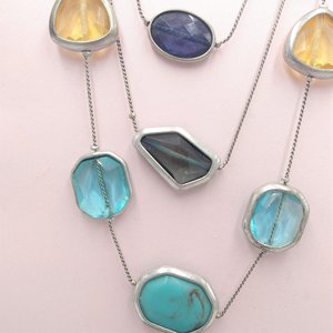 90's Vintage Chico's Silver Tone, Blue,Green and Yellow Multi Strand Statement necklace