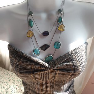 90's Vintage Chico's Silver Tone, Blue,Green and Yellow Multi Strand Statement necklace