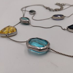 90's Vintage Chico's Silver Tone, Blue,Green and Yellow Multi Strand Statement necklace