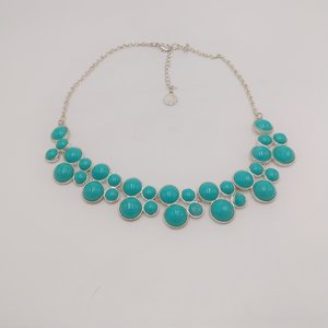 Liz Claiborne Silver Tone Teal Green Round Cabochons Pretty Vintage  Statement Bib Necklace