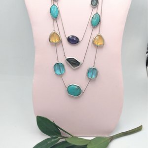 90's Vintage Chico's Silver Tone, Blue,Green and Yellow Multi Strand Statement necklace