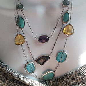 90's Vintage Chico's Silver Tone, Blue,Green and Yellow Multi Strand Statement necklace