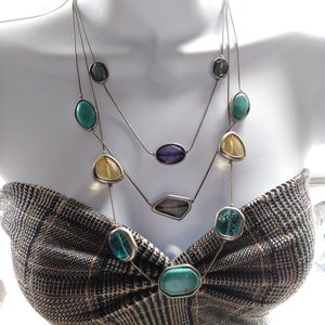 90's Vintage Chico's Silver Tone, Blue,Green and Yellow Multi Strand Statement necklace